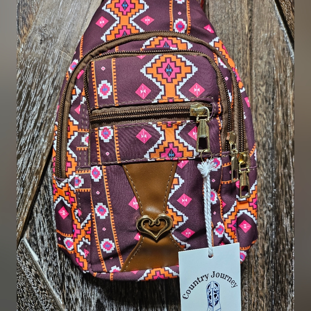 NWT Brown and Pink Aztec Women's Sling Bag - Picture 2 of 5